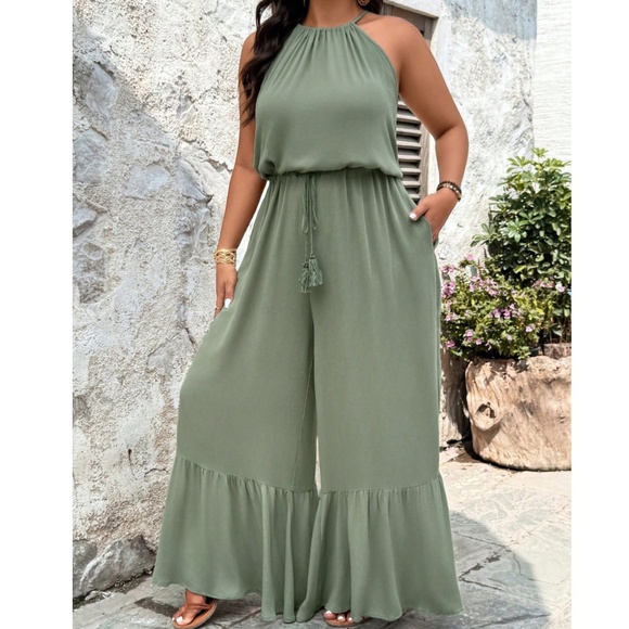 Plus Sage Green Halter Neck Wide leg Jumper Jumpsuits - Picture 4 of 4